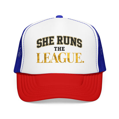 She Runs The League Foam Trucker Hat