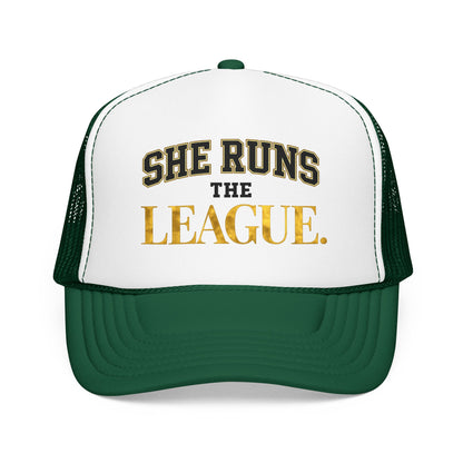 She Runs The League Foam Trucker Hat