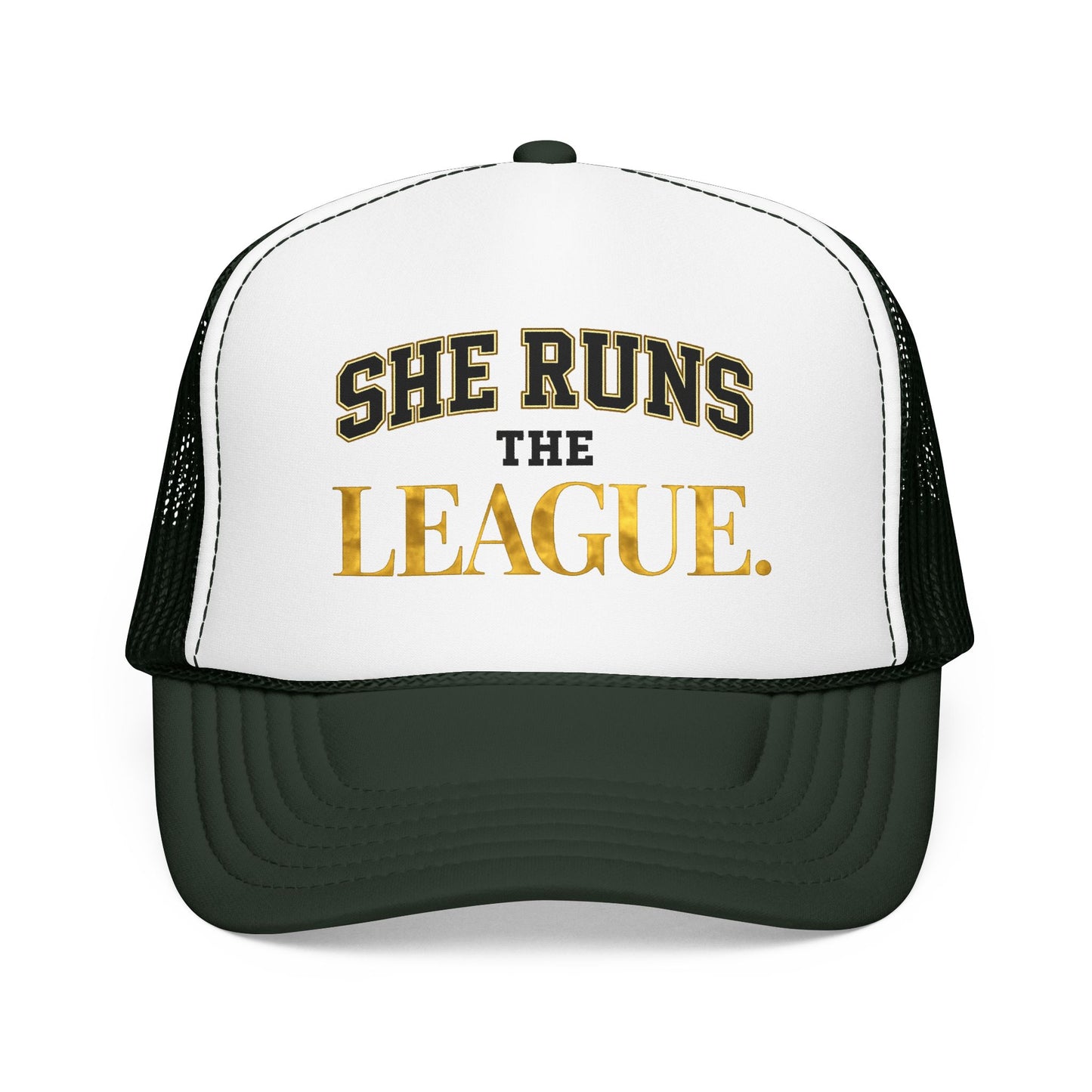 She Runs The League Foam Trucker Hat