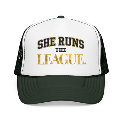 She Runs The League Foam Trucker Hat